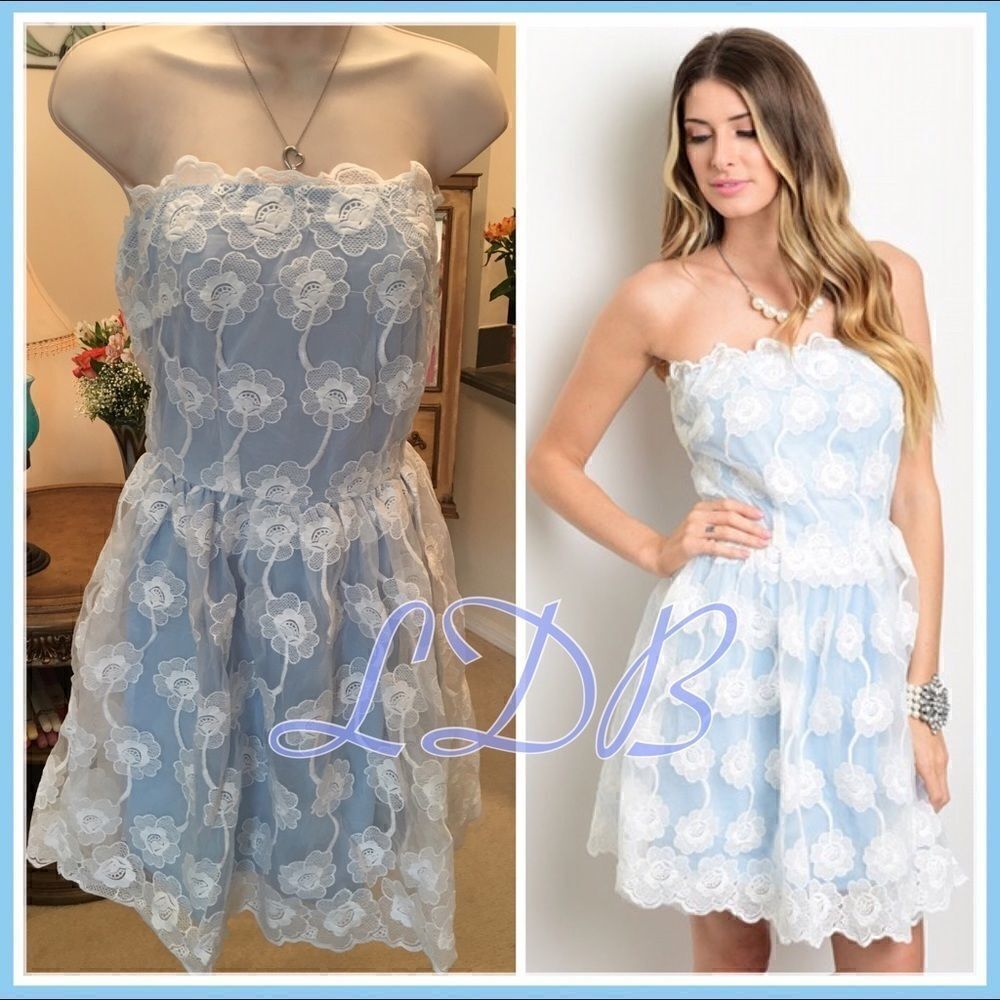 Final Sale | White and Blue Lined Strapless Lace Dress